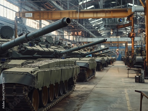 Row of armoured battle tanks lined up in a spacious industrial military hangar, showcasing military might and industrial capacity.