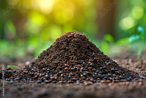 Close-up of an anthill with a swarm of ants working diligently in their natural environment, signifying teamwork and nature's wonders photo