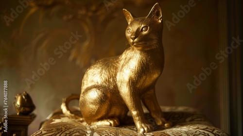Golden cat statue on ornate cushion