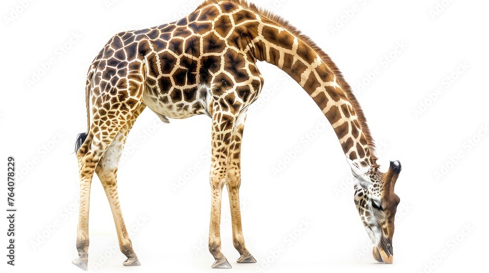 A graceful giraffe bending down to meet the eye of the viewer, gentle and serene against a pure white background.