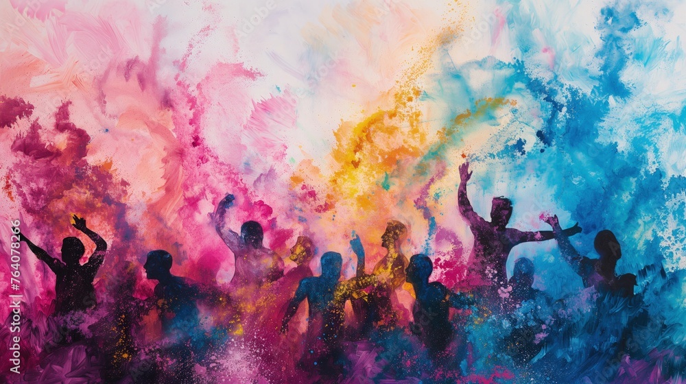 Grupa dobrze bawiących sie sylwetek ludzi stoi przed kolorowym dymem, przypominającym święto kolorów Holi. W tle widać tancerzy poruszających się do rytmu muzyki. - obrazy, fototapety, plakaty 