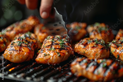 A meticulous chef expertly flips barbecued chicken on a smoky grill with specialized grilling utensils