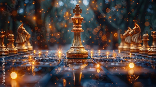 Close-up king chess standing first on chess board concepts challenge or  leadership strategy and battle fighting of business team and or team player organization risk management  photo