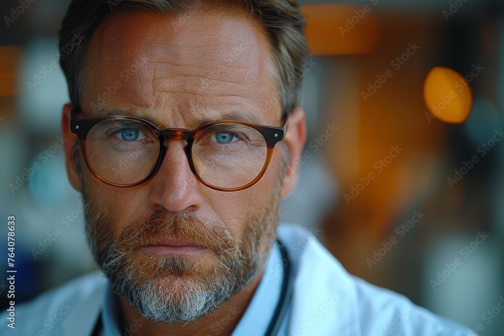 Intense close-up of a middle-aged man with glasses, exhibiting a deep, contemplative stare Intense close-up of a middle-aged man with glasses, exhibiting a deep, contemplative stare