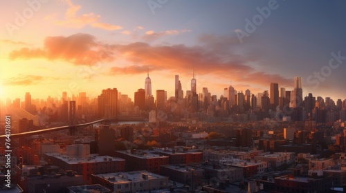 Amazing panorama view of New York city skyline and skyscraper at sunset. © muza