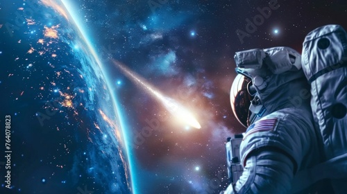 astronaut watching a comet pass in space over the earth in high resolution