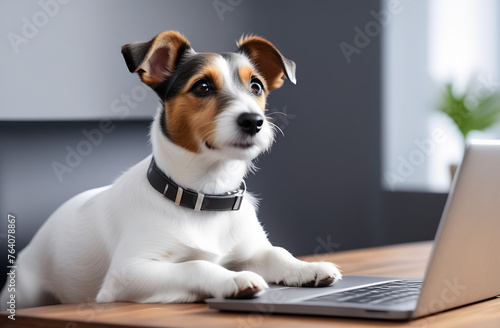 Jack Russell Terrier is working on a gray laptop. A stylish freelancer concept and computer training. Funny dog looks at the laptop screen