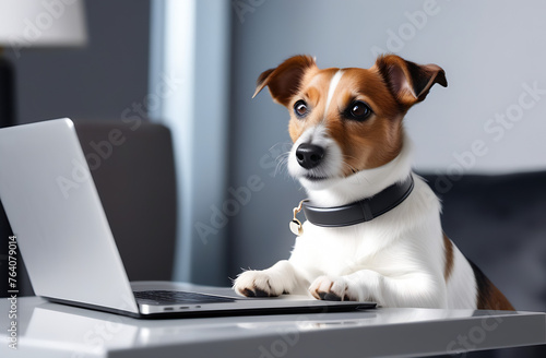 Cute Jack Russell terrier behind a gray laptop. A stylish concept of online work. Funny dog looks at the laptop screen