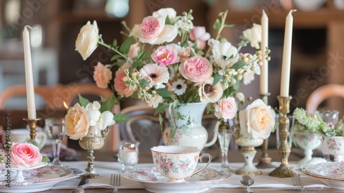 A centerpiece incorporating cherished family heirlooms like antique teacups or candlesticks, adding a sentimental touch photo
