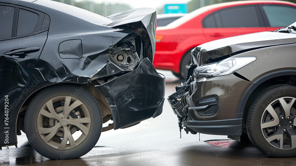 A black car is in a collision with a red car