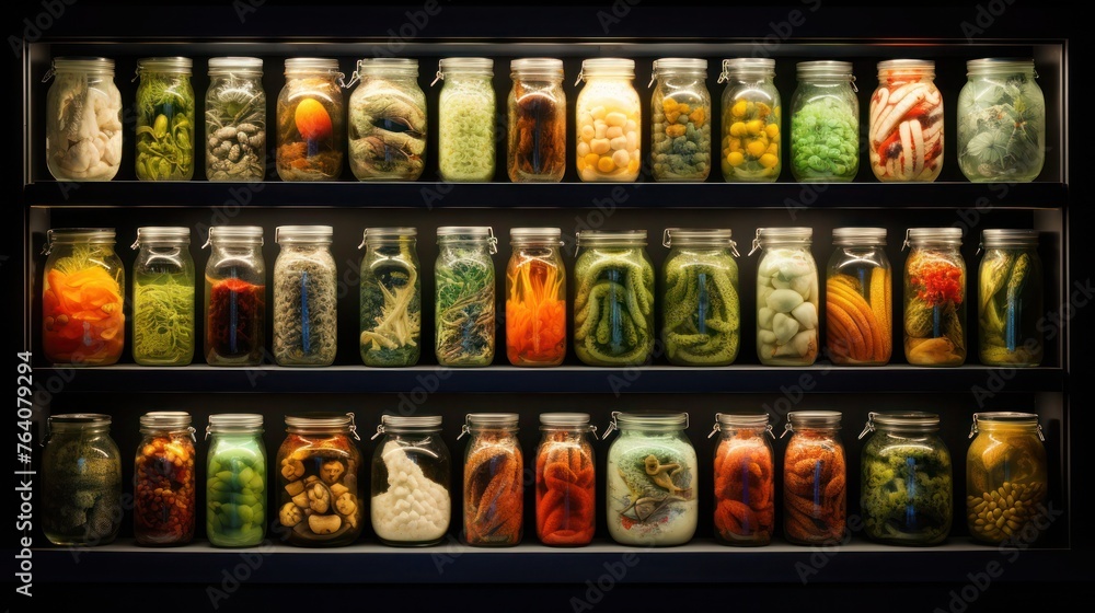 A collection of pickled vegetables in jars on illuminated shelves. Various pickles, stocked up for future use