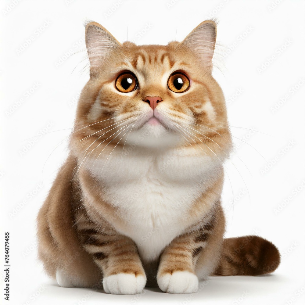 cat or kitten staring, fat cat, please, big eyes, orange and brown, isolated white background, curious