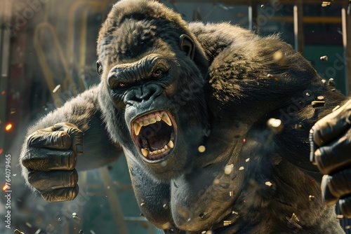 A determined gorilla pounding its chest as it dominates in a competitive multiplayer arena, proving its strength and prowess. photo