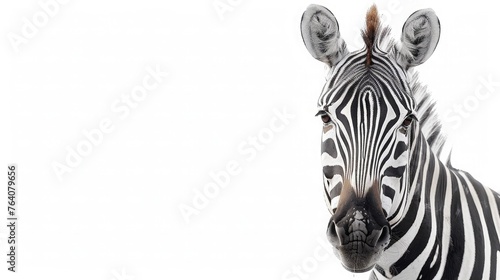 A curious zebra with striking stripes, its gaze capturing attention effortlessly against a pure white background.