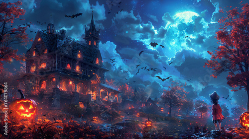 Children, fairies, and demons explore an abandoned house on Halloween, moonlit adventure