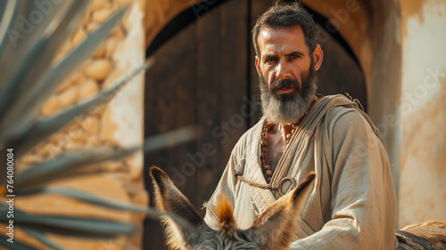 portrait of a bearded adult man riding a donkey along the street of an old city in the middle east, the man looks at the camera, shot on Palm Sunday