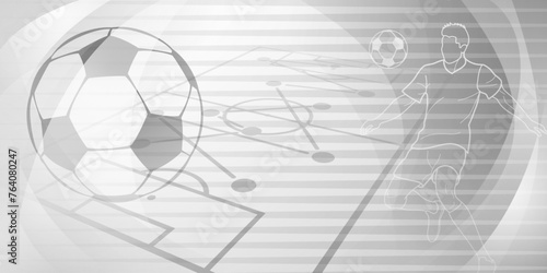 Football themed background in gray tones with abstract lines and curves, with sport symbols such as a football player, stadium and ball