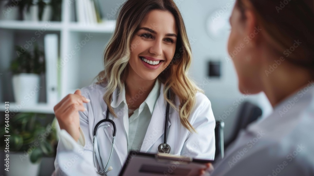 A female doctor in a white coat reviews a patient's chart with a reassuring smile A female doctor in a white coat reviews a patient's chart with a reassuring smile