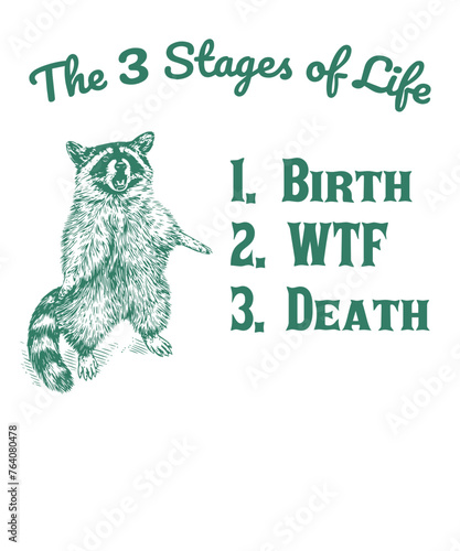 The 3 states of life 1. birth 2. wtf 3. death raccoon Funny Vintage Animal Saying for Print on T-shirt, Apparel, Sweatshirt, graphic tee digital download file SVG vector file illustration