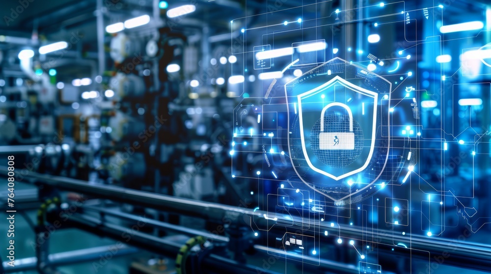 Fototapeta premium Cybersecurity for Industrial Automation.A digital shield protecting a factory network from potential cyberattacks