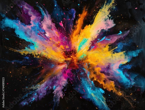 Cosmic explosion of fluorescent paints, creating a nebula of colors on black