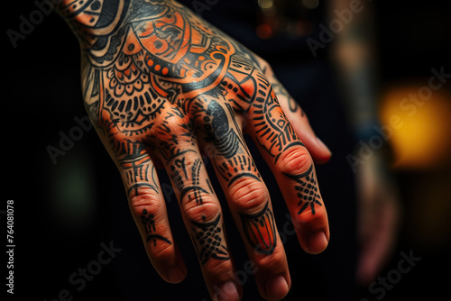 Intricate patterns and cultural tales etched on skin at a body art convention. A hand adorned with detailed tattoos on display, showcasing cultural art and personal expression
