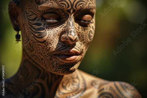 The inked visionary. A portrait of a woman with an intricate tapestry of tattoos covering her face, showcasing her unique expression of the tattoo and body art lifestyle