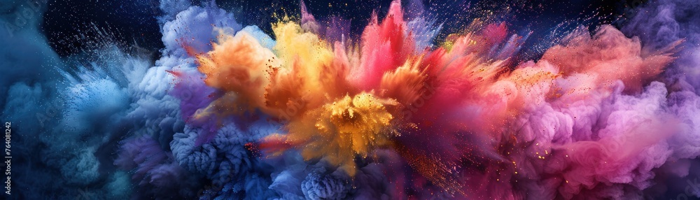 Explosive dance of vibrant powders, a colorful tempest on a night sky background - obrazy, fototapety, plakaty 