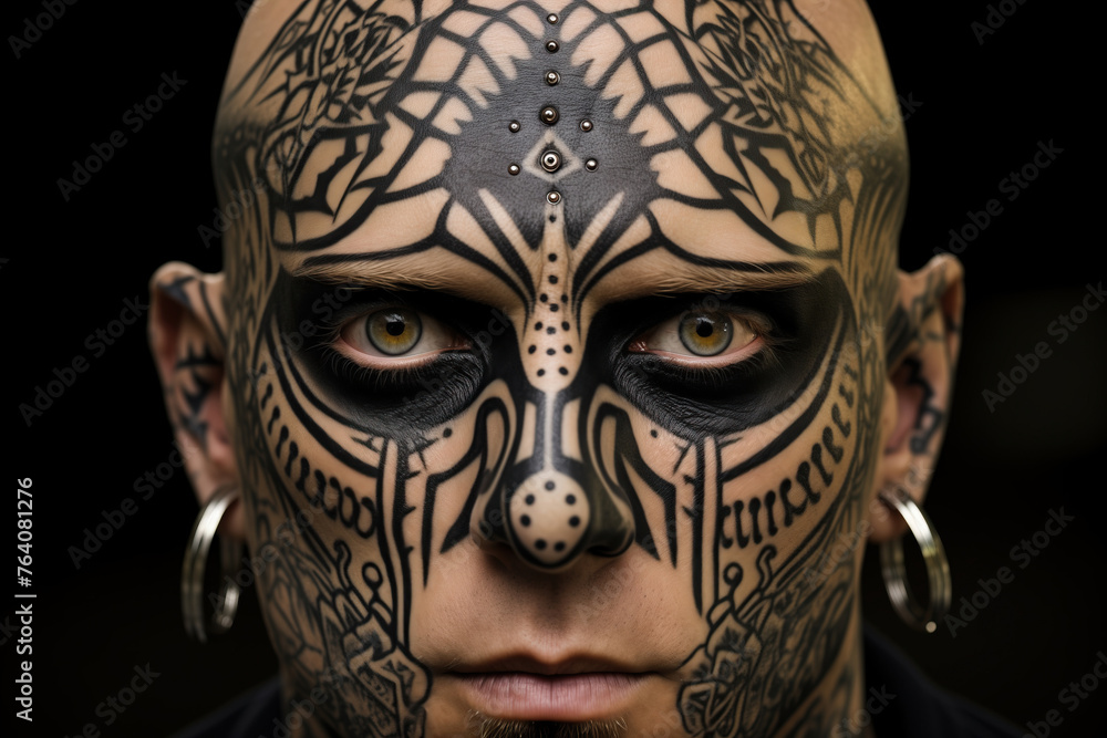 Intricate symmetry of facial tattoos revealed in a close-up portrait of tattoo enthusiast. A person with detailed facial tattoos and piercings gazes into the camera