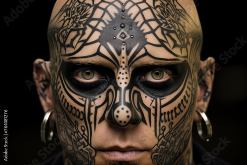 Intricate symmetry of facial tattoos revealed in a close-up portrait of tattoo enthusiast. A person with detailed facial tattoos and piercings gazes into the camera