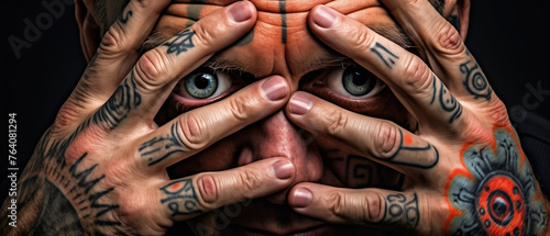 Intriguing gaze through an inked canvas - a tattoo enthusiasts expressive pose. A person with tattooed hands frames their eyes in a captivating display of body art
