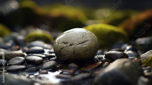 pebbles balancing on black plank on round stone with shade and placed on rock on white surface against gray wall in day