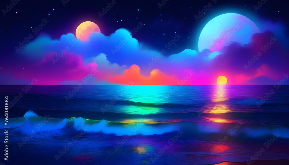 A neon light art piece depicting a moonlit seascape with clouds, moon, and stars in vibrant colors