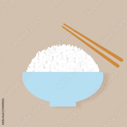 Rice bowl with chopsticks on brown background vector.