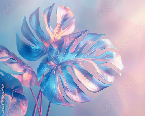 Pastel tropical leaf dance on watercolor, clear dawn, ultrawide capture , 3D illustrations