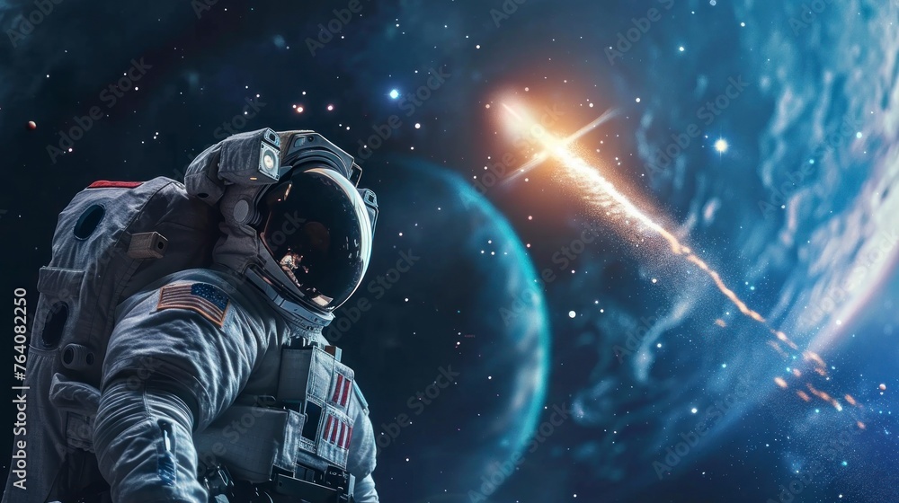 Naklejka premium Astronaut watching a comet or asteroid pass from space over Earth in high resolution and high quality. CONCEPT universe, comets, danger