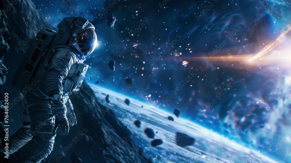 Astronaut watching a comet or asteroid pass from space over Earth in high resolution and high quality. CONCEPT universe, comets, danger, extinction Astronaut watching a comet or asteroid pass from space over Earth in high resolution and high quality. CONCEPT universe, comets, danger, extinction