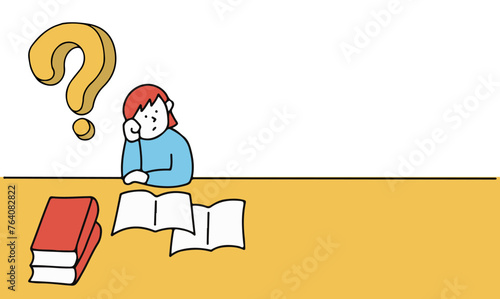 勉強しながら疑問を持つ女性のイラストフレーム