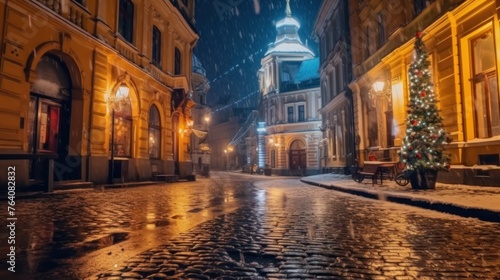 Night Lviv old city architecture in the Christmas photo
