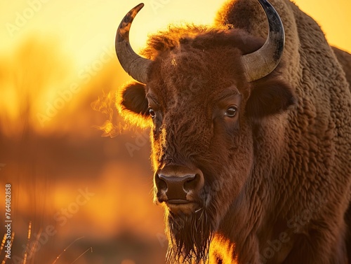 Bison standing in front of the sunset, Bison are common sight in the American West but they are not native to the region.