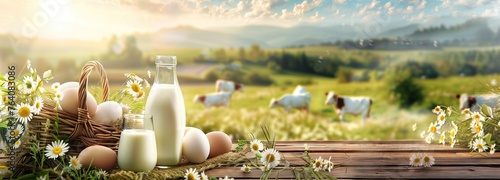 Fresh dairy products in glasses  cheese and bottles and fresh eggs in baskets on wooden table with video of beautiful meadow landscape and clear sky. Advertising poster with space for text or label.