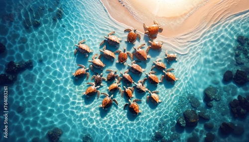 Sea turtles gathering in a crystal lagoon from above, sun casting glimmers on the water. Clear blue waters, harmonious turtle formation, serene ocean view. © Attila