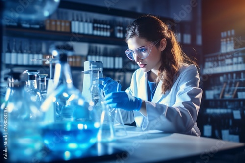 Young female scientist working in a laboratory. Blue colors