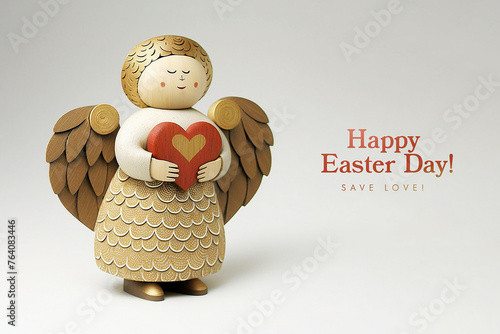 Angel guardian with red heart in hands, wood cute mascot