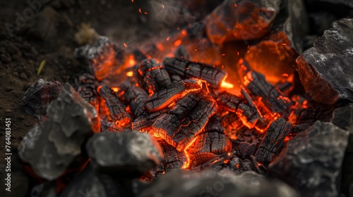 The fiery glow of embers in a smoldering fire pit