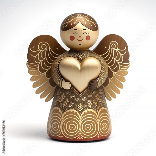 Folk style naive angel holds gold heart, wood toy © galyna_p
