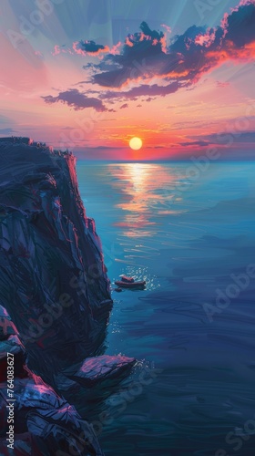 Sunset over the ocean with cliffs and a small boat