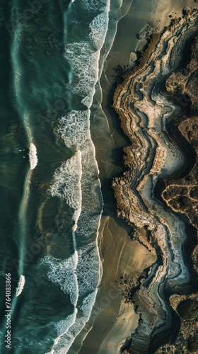 Aerial view of a rugged coastline with waves