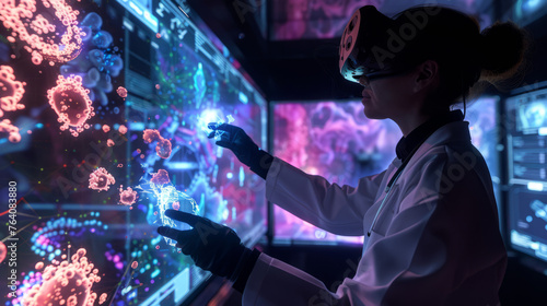 In a high-tech lab, a scientist manipulates virtual molecular structures through a VR interface