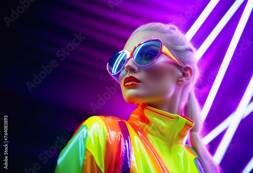 Futuristic neon fashion and fluorescent vibrance color and showing glossy chrome texture of clothes.cyber punk stylish design